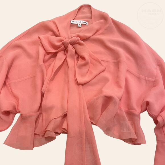 For Love & Lemons Joana Crop Top Coral | Ruffle Bell Sleeve Tie Neck, S, $229 - Picture 5 of 12